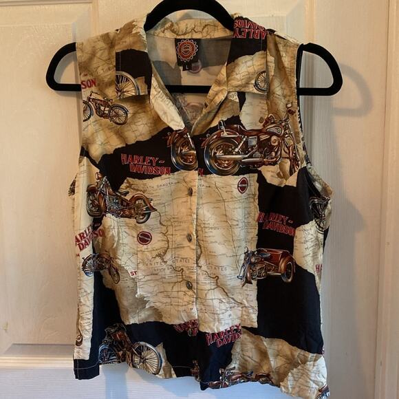 Harley Davidson women’s L map sleeveless cropped button down shirt - Picture 1 of 6